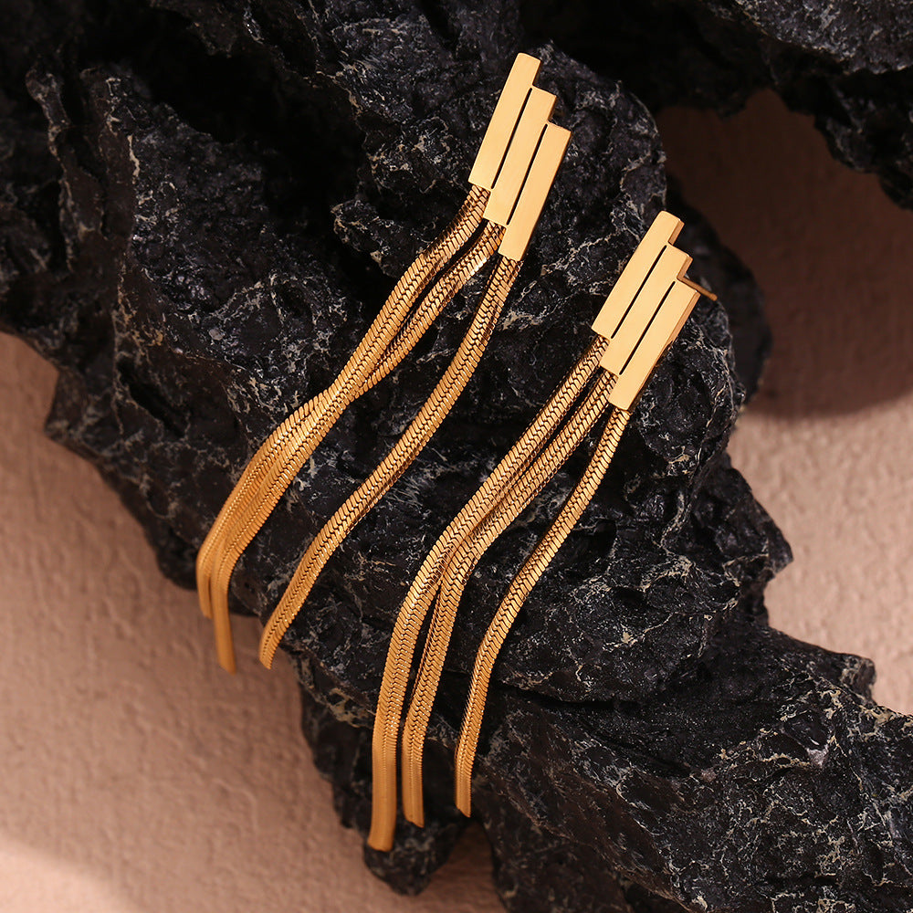 STUD 18K gold-plated stainless steel geometric layered bar tassel chain drop earrings