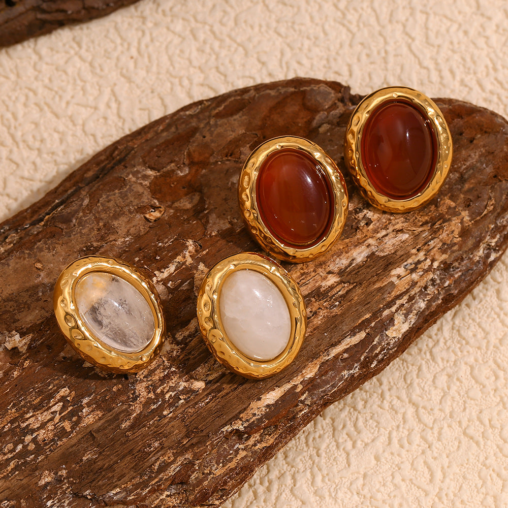 Vintage-Inspired 18K Gold-Plated Oval Earrings with Maroon Stone