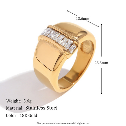 Size Details of Gold ring with center-set diamond – rectangular band, 18K gold-plated, timeless by STUD (Shop Till You Drop)