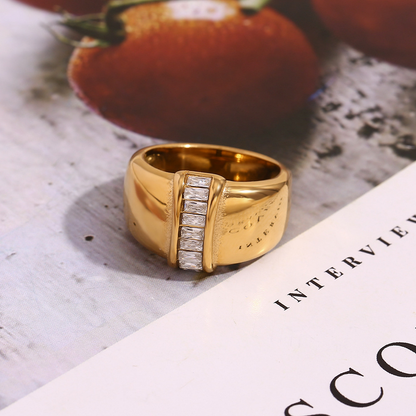 Close View of Gold ring with center-set diamond – rectangular band, 18K gold-plated, timeless by STUD (Shop Till You Drop)