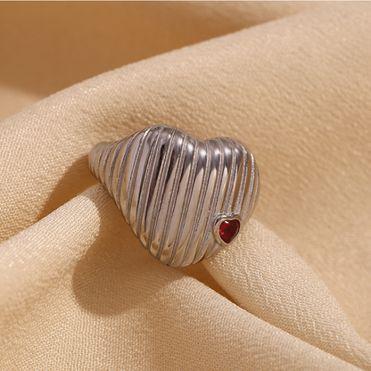 Silver heart ring with ruby accent – ribbed waterproof hypoallergenic jewelry by STUD (Shop Till You Drop)