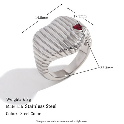 Size Details of Silver heart ring with ruby accent – ribbed waterproof hypoallergenic jewelry by STUD (Shop Till You Drop)