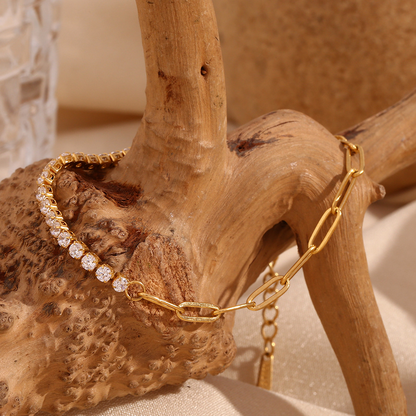 Gold paperclip chain bracelet with zircon stones – 18K plated jewelry – STUD