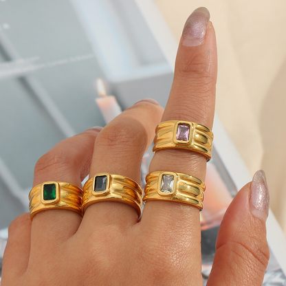 Vintage rectangular zircon rings – multilayer wide band in 18K gold-plated stainless steel – bold fashion jewelry by STUD (Shop Till You Drop)