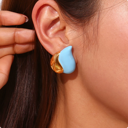 Model Wearing Blue enamel heart stud earrings – 18K gold-plated, smooth finish, romantic design by STUD (Shop Till You Drop)