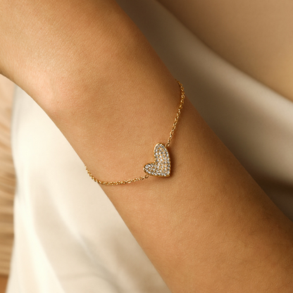 model Wearing Heart of gold bracelet with zirconia inlay – gold plated stainless steel by STUD-Shop Till You Drop
