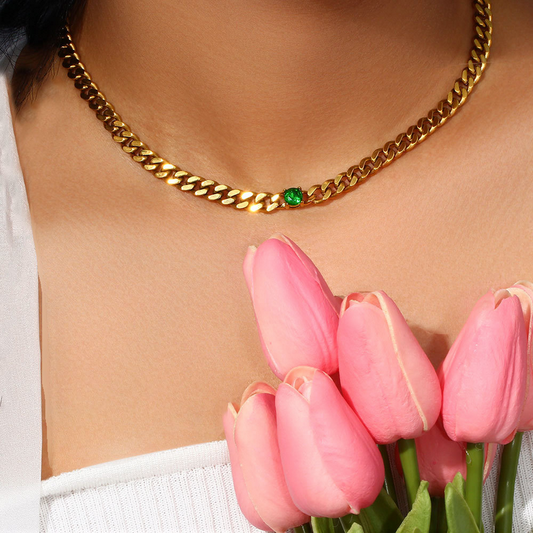 Green zirconia Diamond Cuban Link Necklace