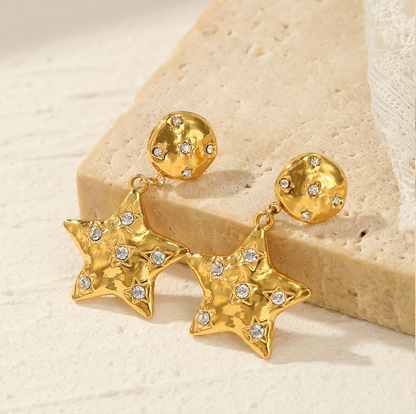 Close View of Golden Glam 14K gold-plated star earrings with zirconia – waterproof, hypoallergenic by STUD (Shop Till You Drop)