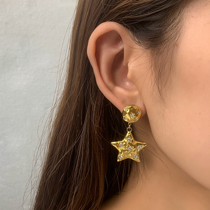 Model Wearing Golden Glam 14K gold-plated star earrings with zirconia – waterproof, hypoallergenic by STUD (Shop Till You Drop)