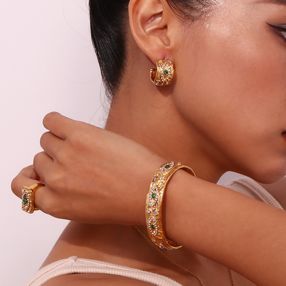 Model Wearing Evil eye gold earrings with colorful zircon stones – 18K gold-plated, waterproof by STUD (Shop Till You Drop)