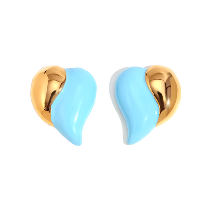 Close View of Blue enamel heart stud earrings – 18K gold-plated, smooth finish, romantic design by STUD (Shop Till You Drop)