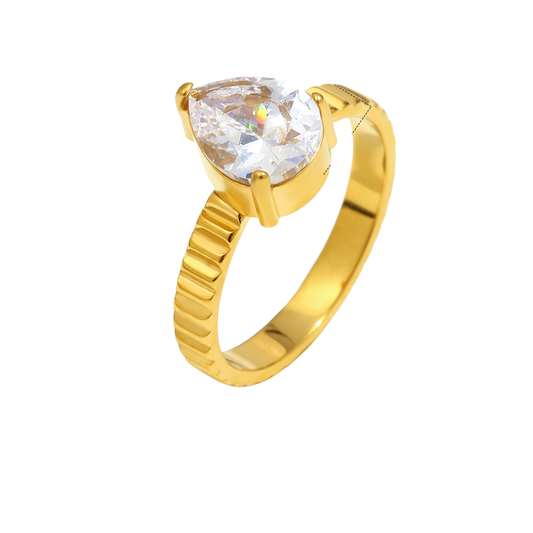 STUD Crown Teardrop Ring with pear-shaped zircon on 18K gold plated stainless steel band