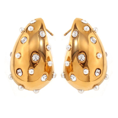 Close View of Gold hollow teardrop earrings with pearls – 18K gold-plated, waterproof, hypoallergenic by STUD (Shop Till You Drop)