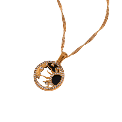Close View of Black celestial necklace with sun, star & heart charms – 18K gold plated, waterproof design by STUD-Shop Till You Drop