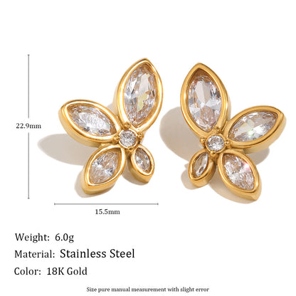Gold marquise-shaped earrings with clear stones, shown with measurements and material details.