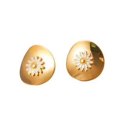 Close View of White enamel daisy earrings – floral studs on stainless steel, electroplated by STUD (Shop Till You Drop)