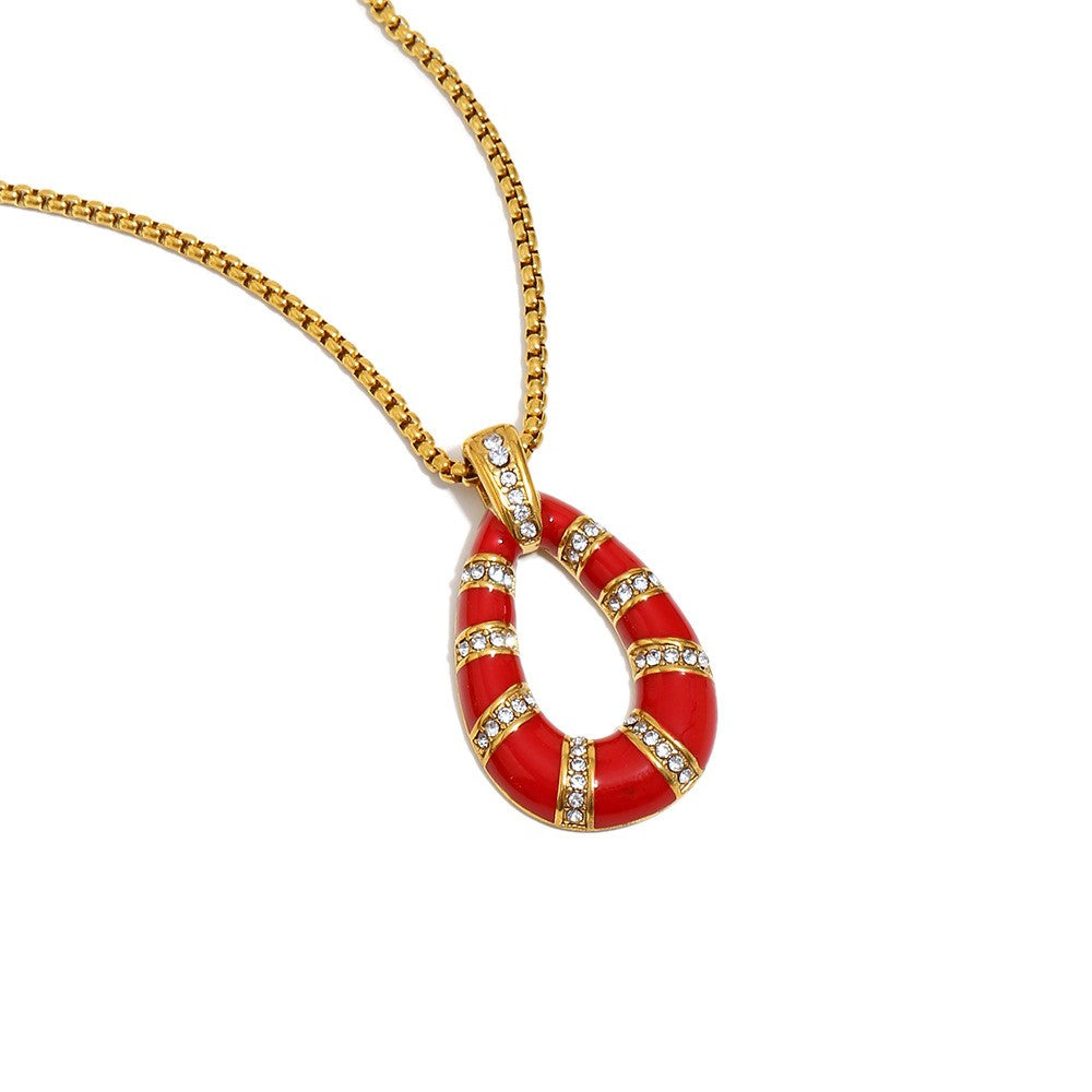 18K gold-plated stainless steel red enamel teardrop pendant necklace for women