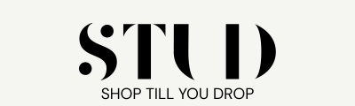 Black 'STUD' logo with tagline 'SHOP TILL YOU DROP' on a white background