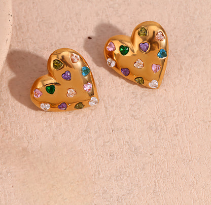 Multicolor Zircon Heart Earrings in gold plating by STUD